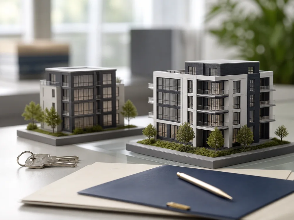 Two architectural property models, keys, and a navy closing folder on a real estate finance desk.