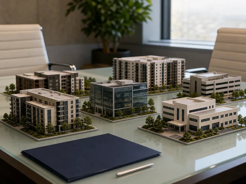A diversified set of institutional real estate models arranged on a conference table.