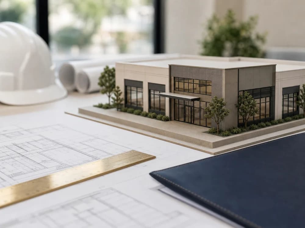 A commercial building model set beside plans, a ruler, and construction planning materials.