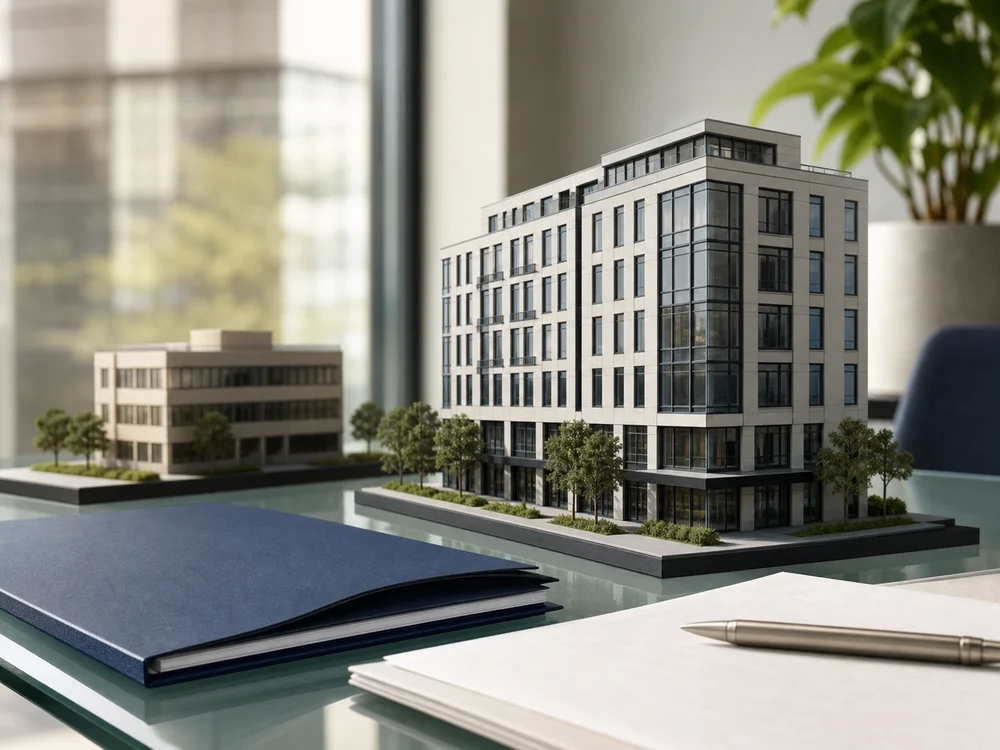 A new replacement property model in front of an older property model on a real estate planning desk.