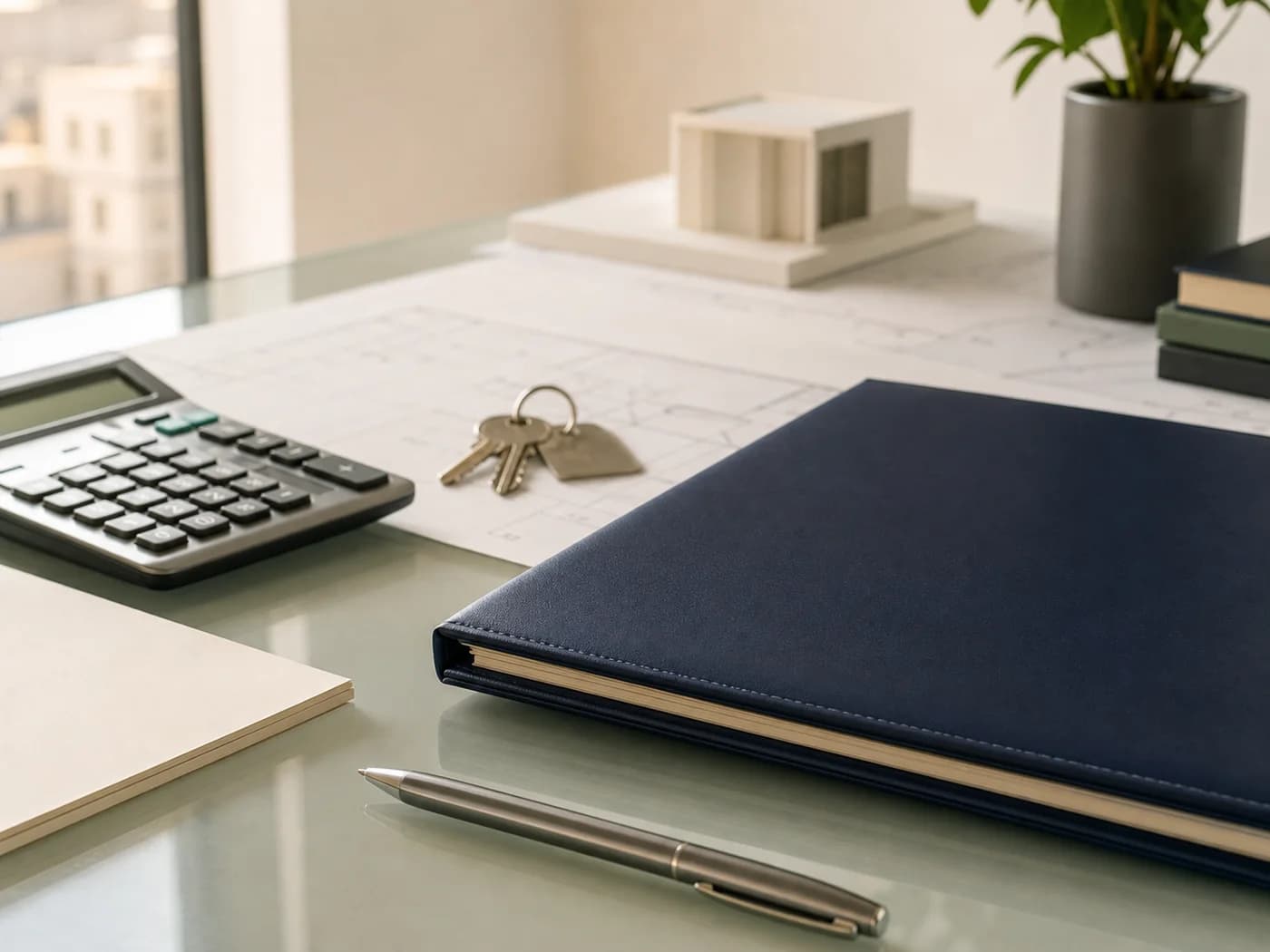 Closing documents, keys, a calculator, and real estate plans arranged on a finance desk.