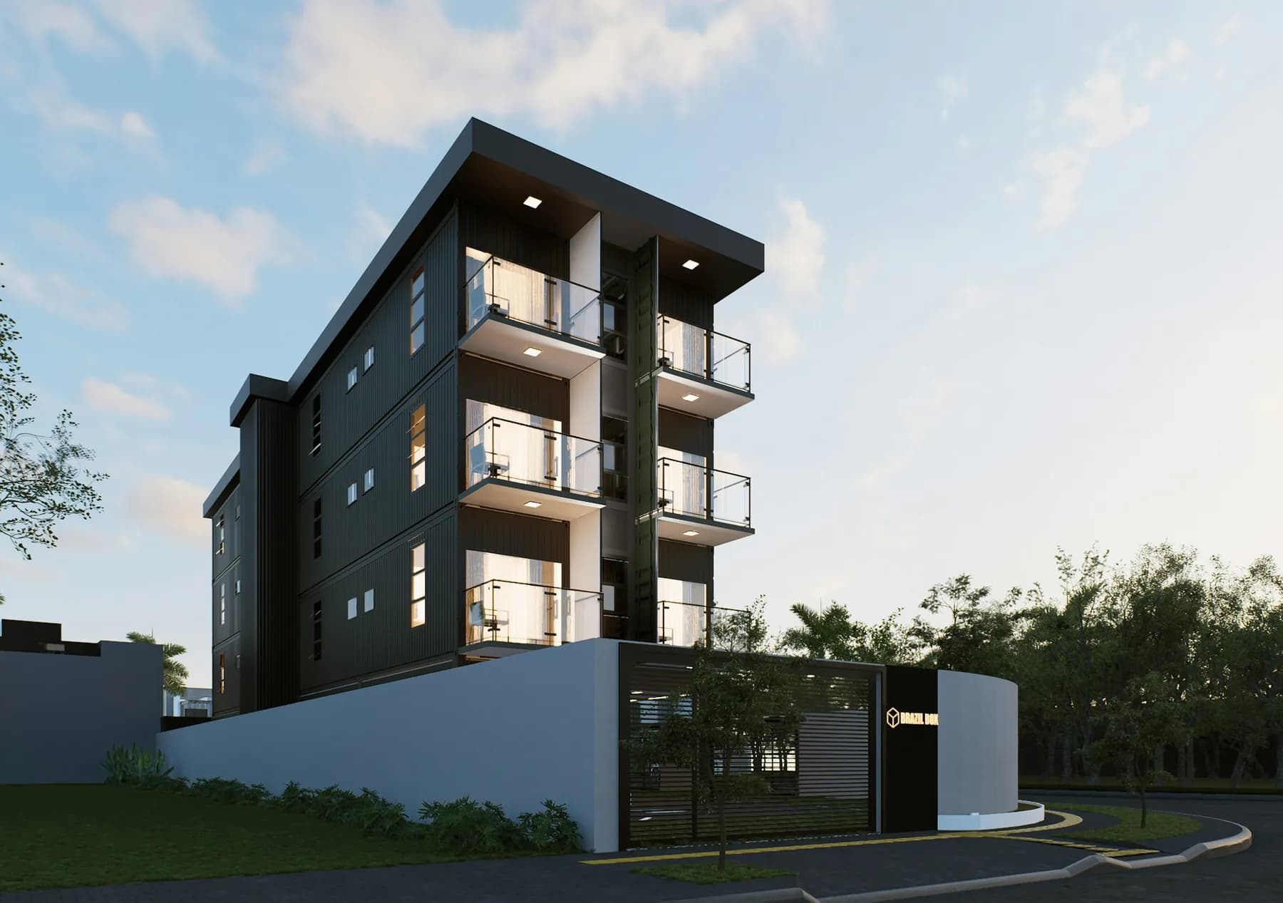 Modern apartment building exterior with balconies.