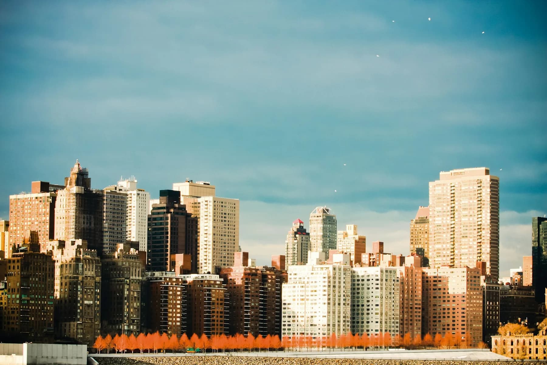 A skyline of commercial and residential buildings.